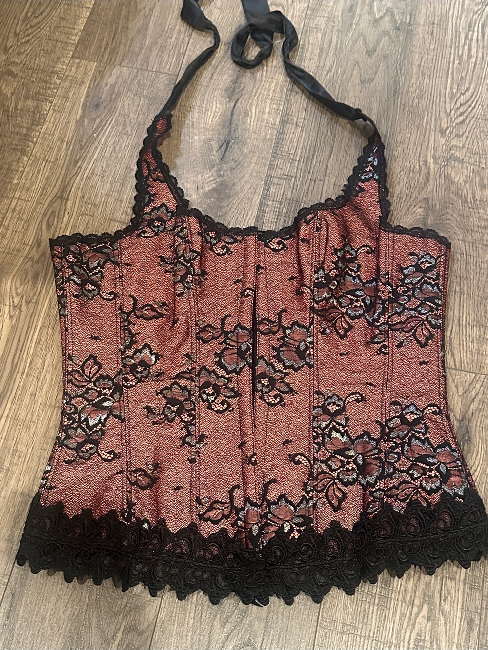 Frederickās of Hollywood Lace Corset Bustier Top Halter Lace-Up Back Black Coral